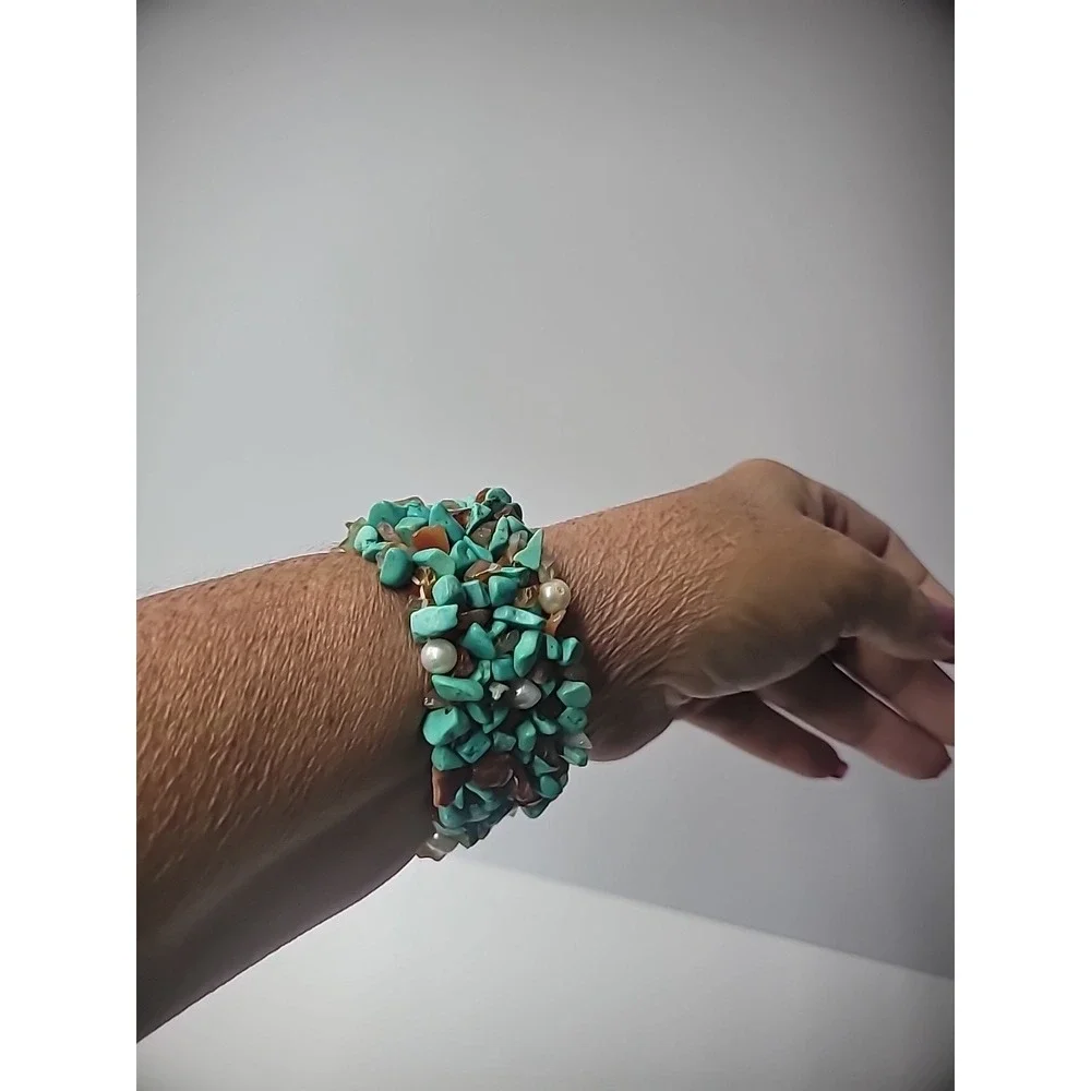 Vintage Bracelet Turquoise Amber Chip Beaded Stretch Jewelry Costume